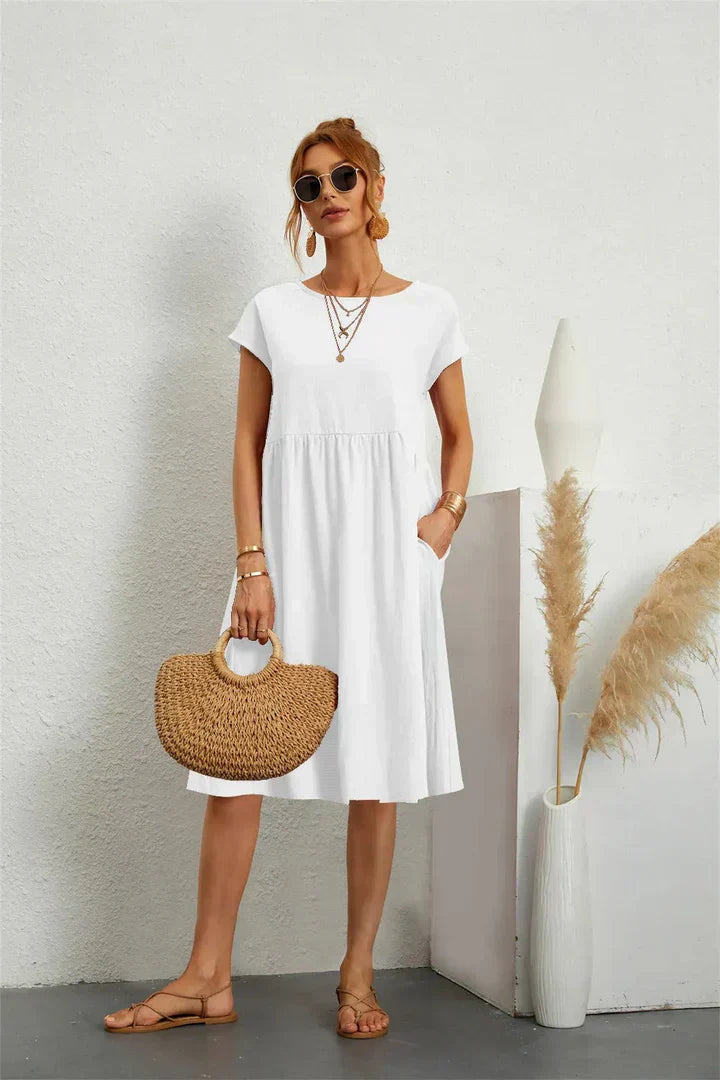 Women's Casual Dress | Midi Gathered Waist Seam