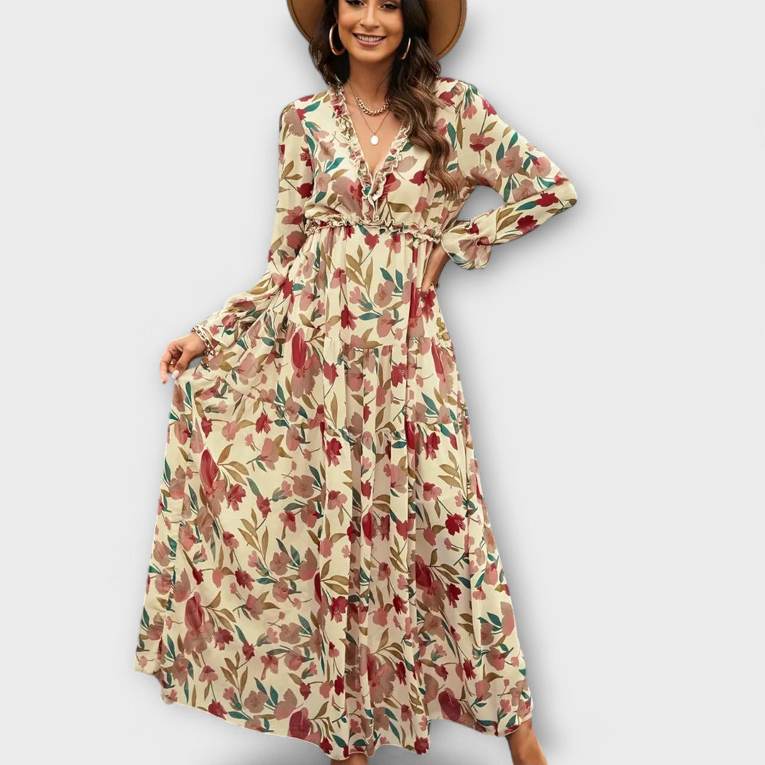 Women’s Dress | Floral V-Neck Dress Tiered Skirt