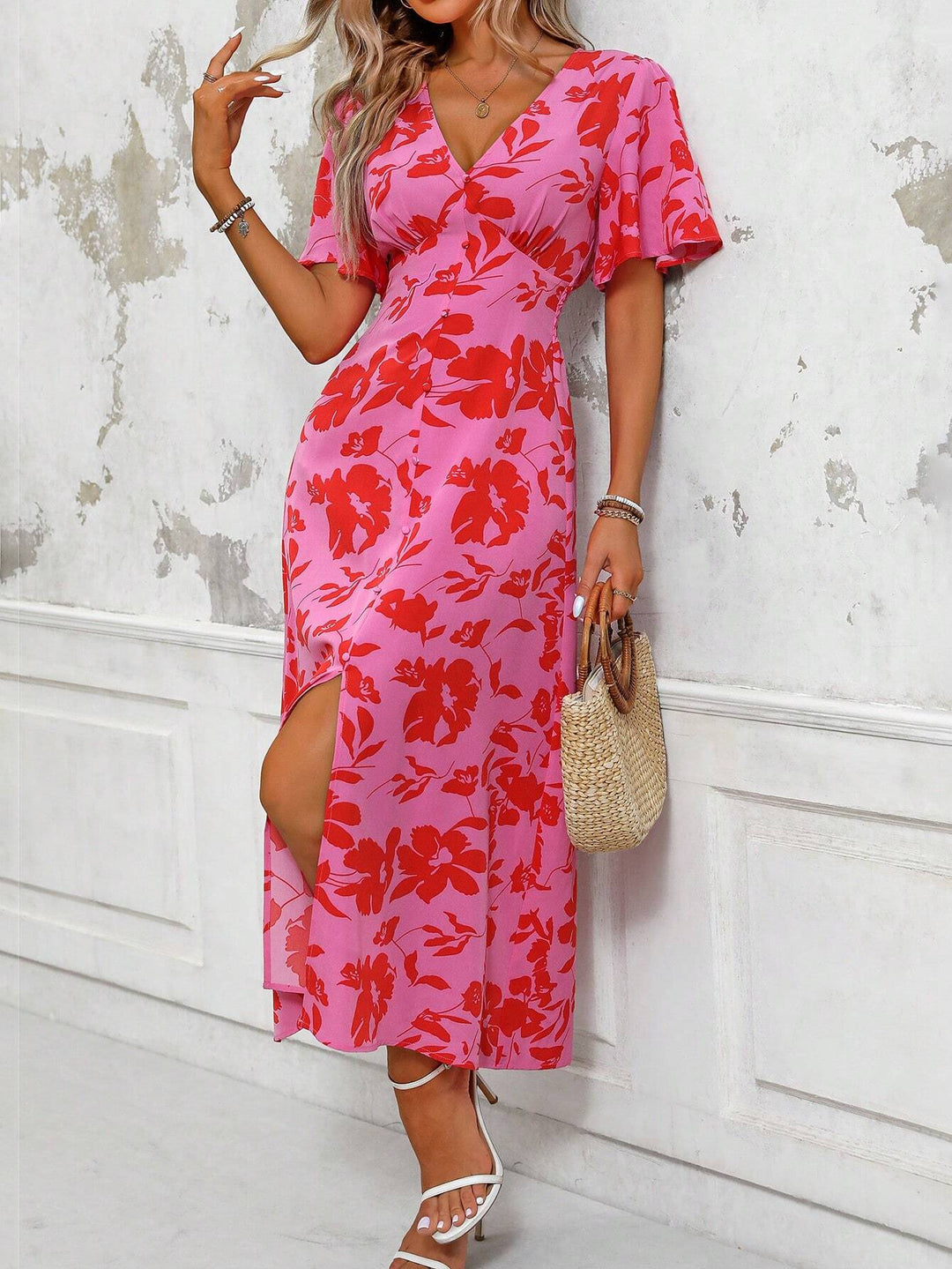 Tropical Plant Print V-Neck Dress