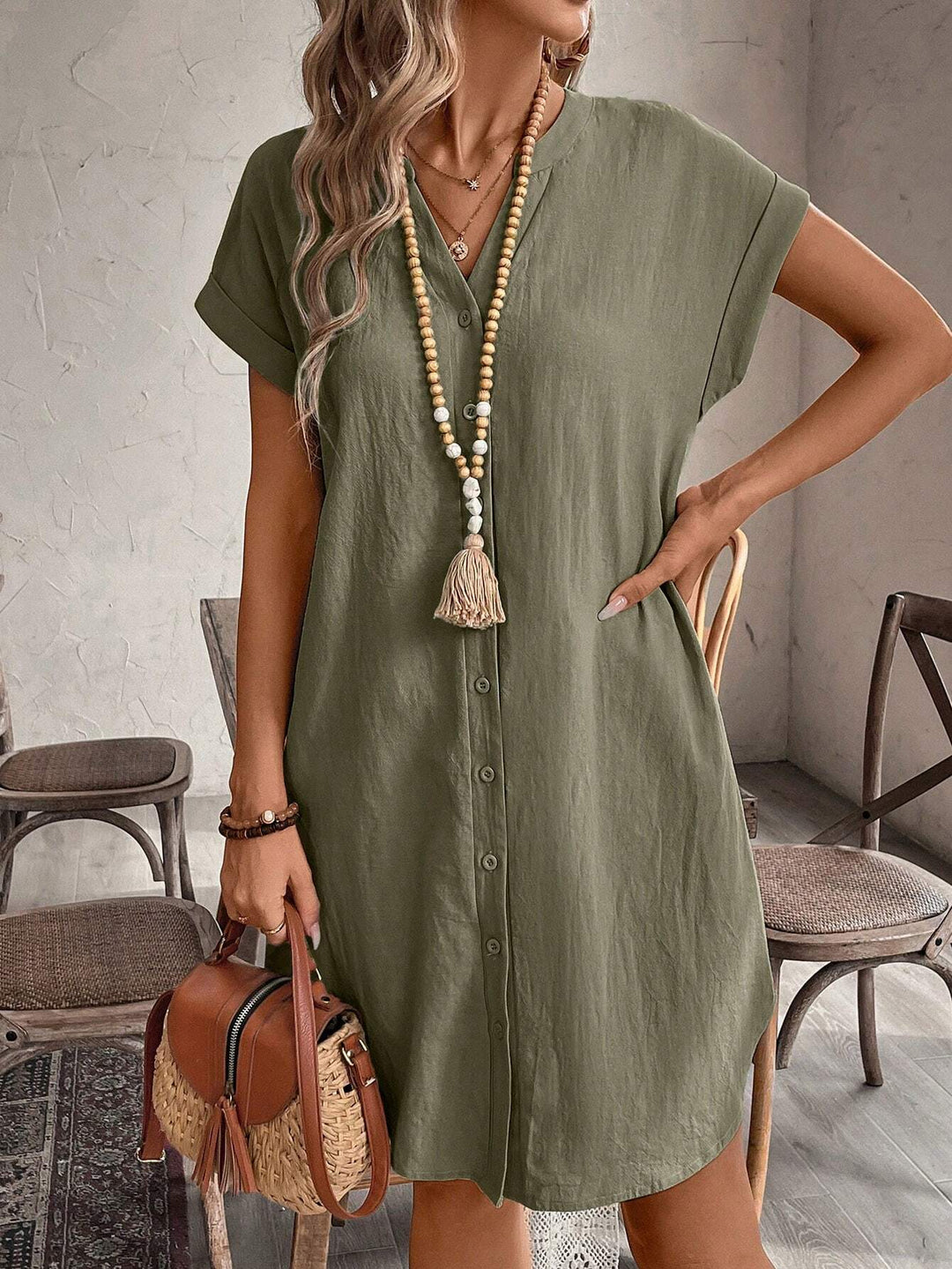Button Front Short Sleeve Casual Mini Dress
