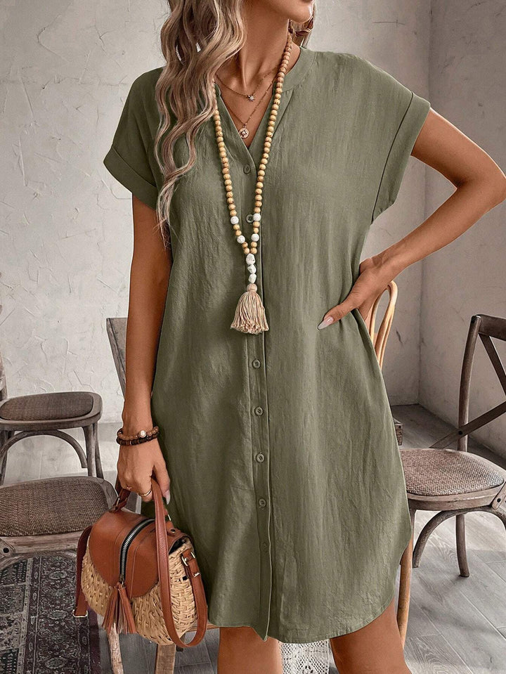 Button Front Short Sleeve Casual Mini Dress