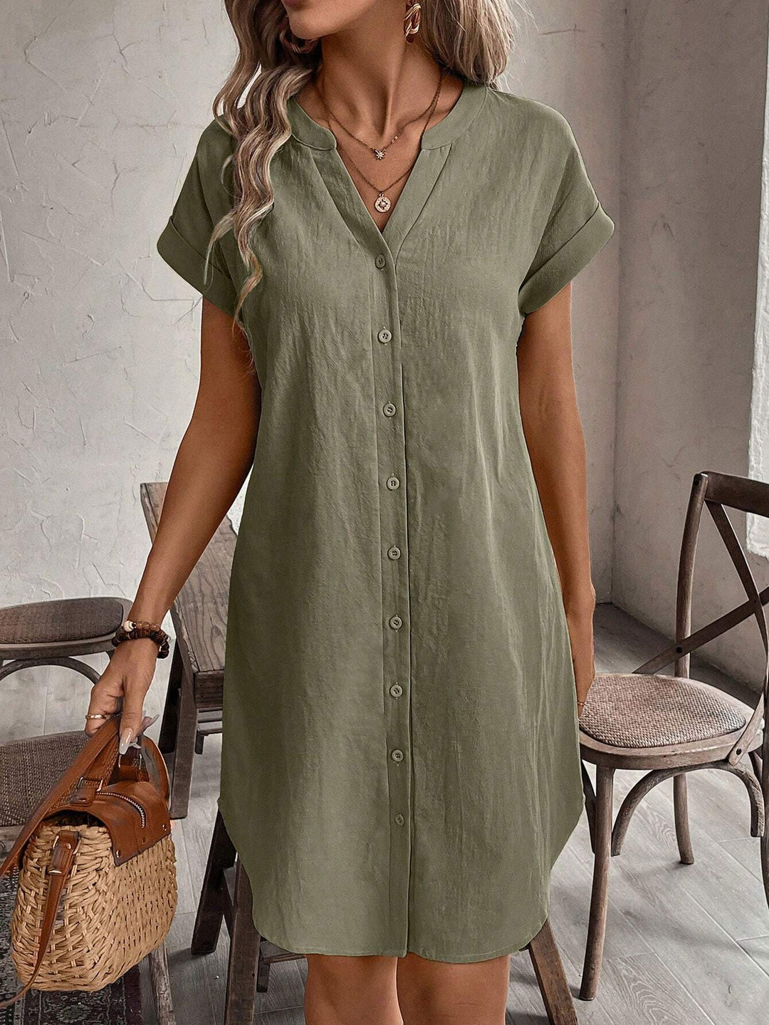 Button Front Short Sleeve Casual Mini Dress