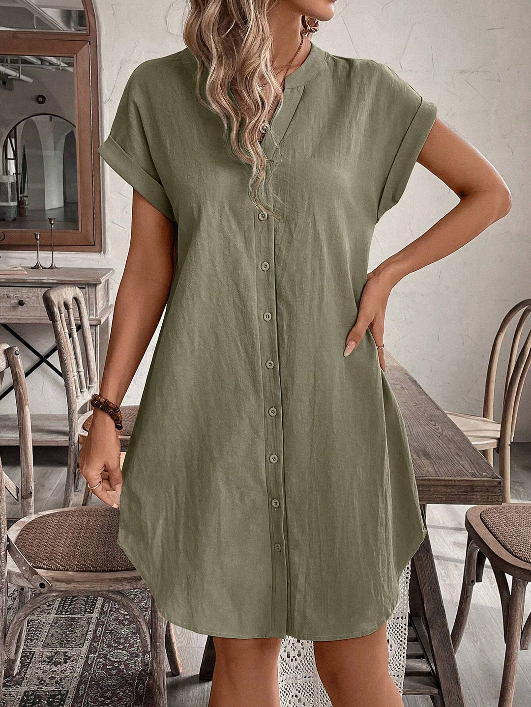Button Front Short Sleeve Casual Mini Dress