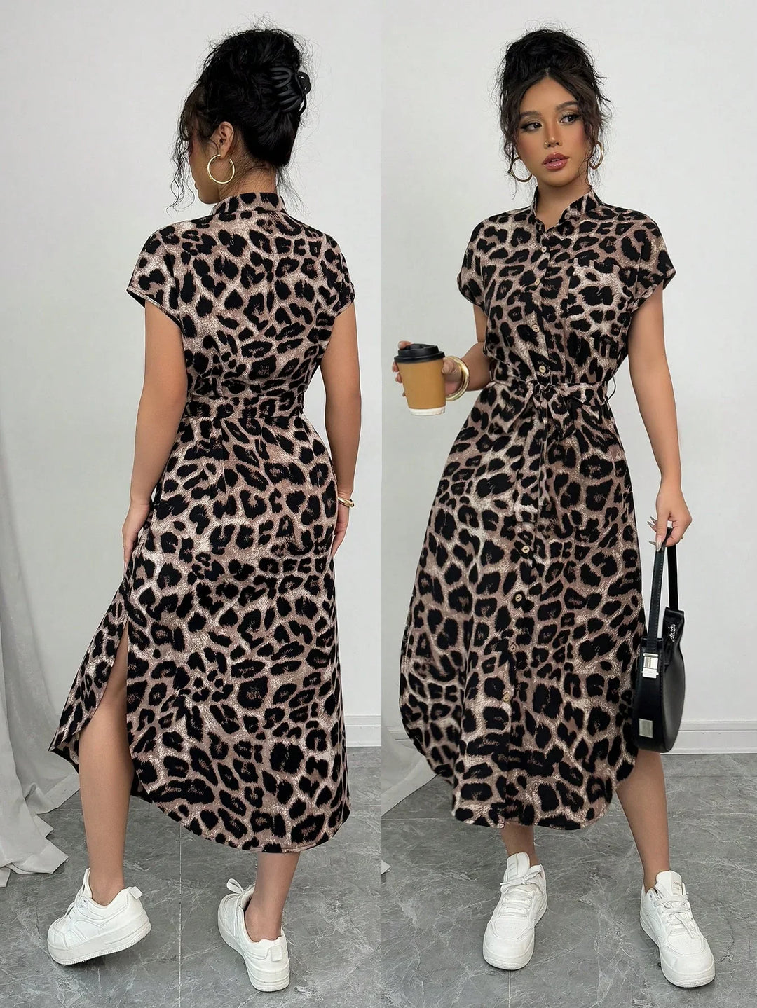 Leopard Print Front Button Shirt  long dress