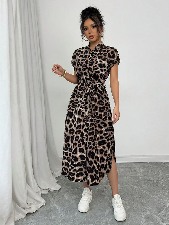Leopard Print Front Button Shirt  long dress