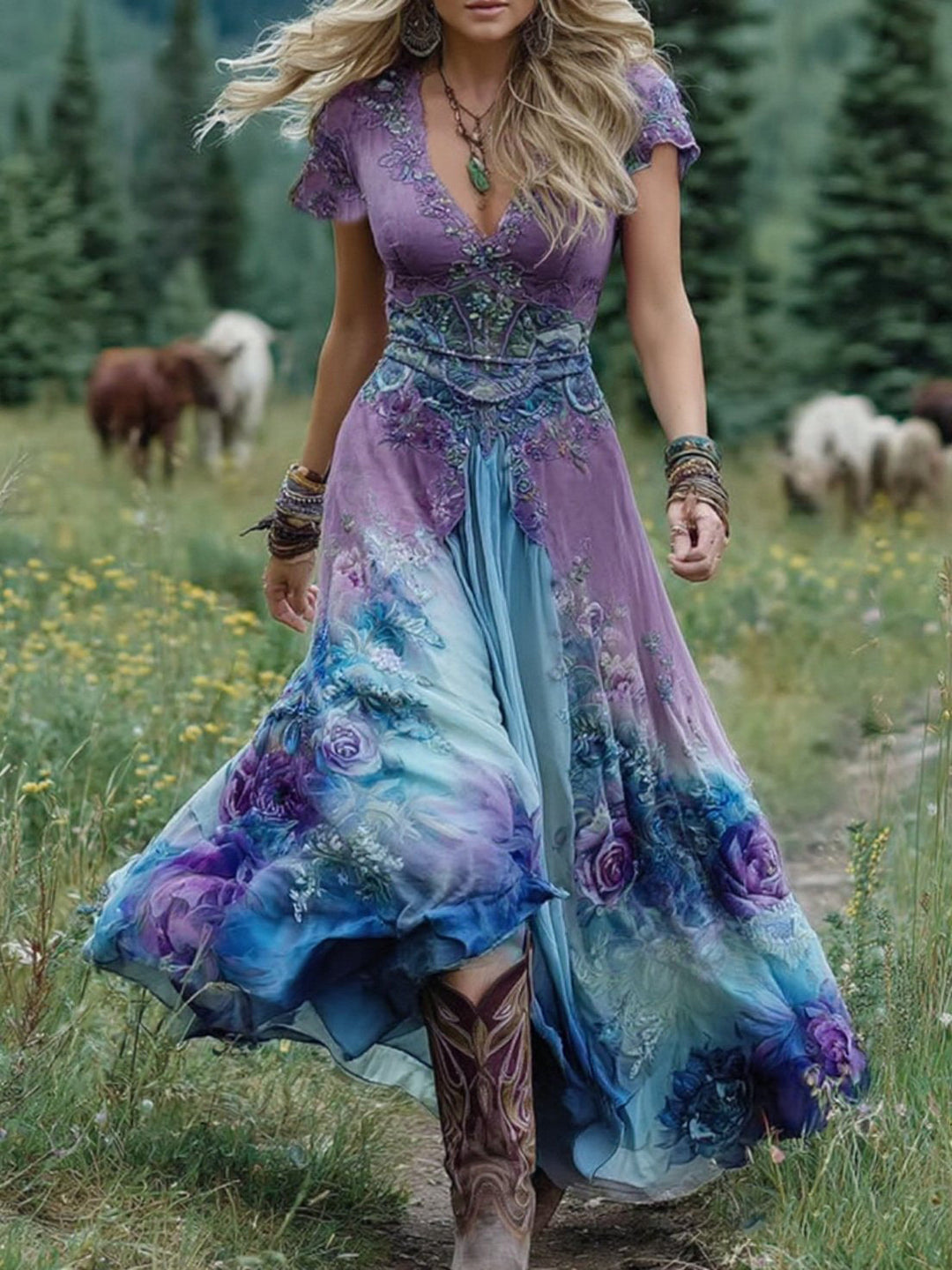 Women's Dress | Short Sleeve Gradient Maxi