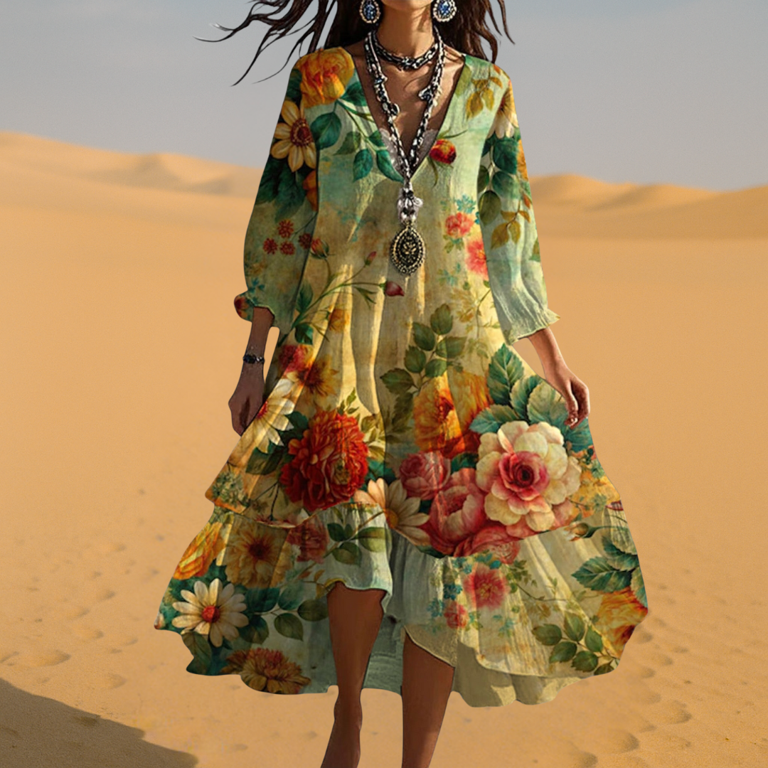 Women's Boho Dress | V-Neck 3/4 Sleeve Floral Midi