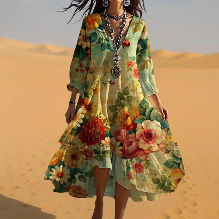 Women's Boho Dress | V-Neck 3/4 Sleeve Floral Midi