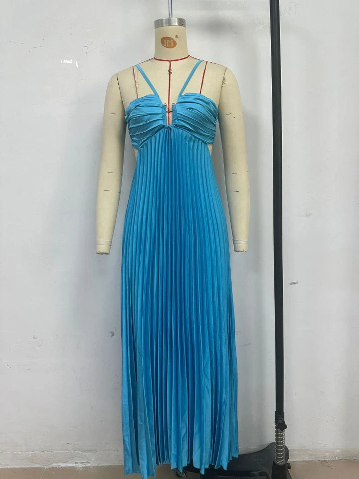 Pleated Halter Neck Maxi Dress with Open Back Detail
