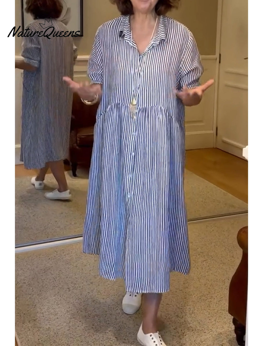 Women's Casual Striped Cotton and Linen Shirt Dress