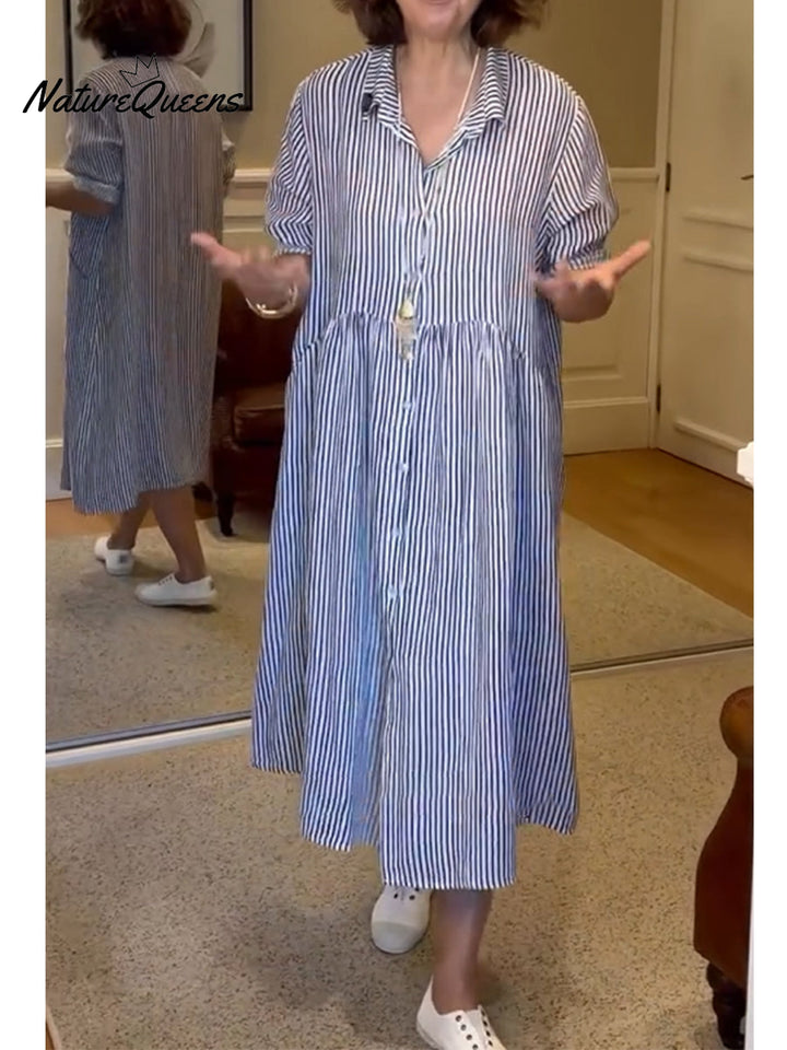 Women's Casual Striped Cotton and Linen Shirt Dress