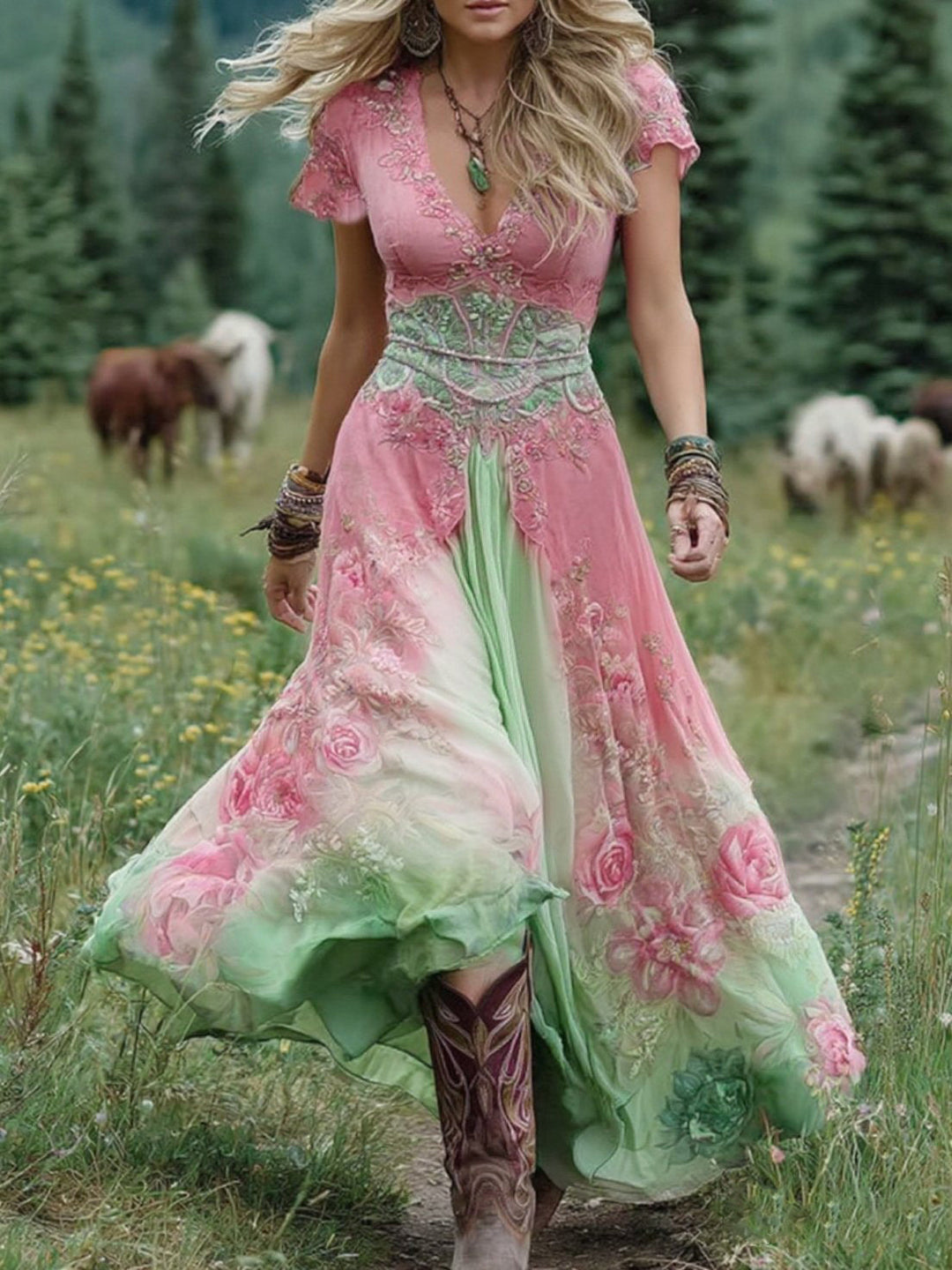 Women's Dress | Short Sleeve Gradient Maxi