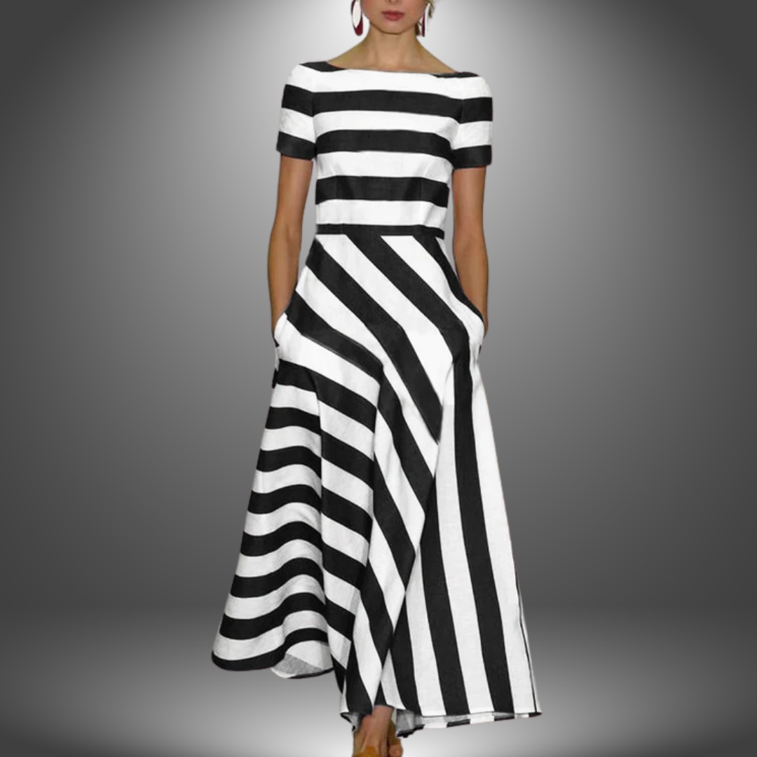 Women’s Dress | Asymmetric Stripe Short Sleeve Midi
