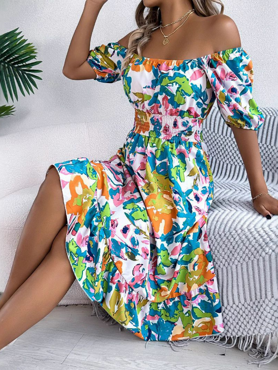 Women's Boho Dress | Off-shoulder Neckline Puff Sleeves