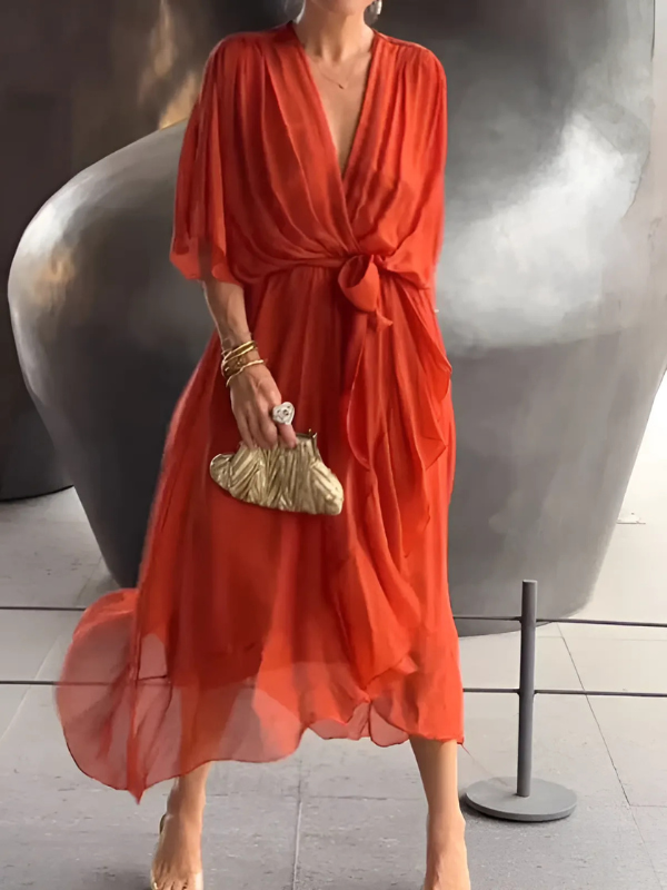 Women's Dress | Tie Waist V-Neck Maxi