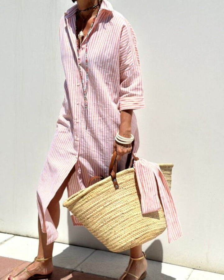 Women's Dress | Long Sleeve Button Shirt Stripe Midi