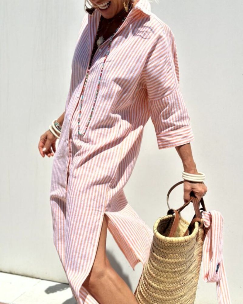 Women's Dress | Long Sleeve Button Shirt Stripe Midi