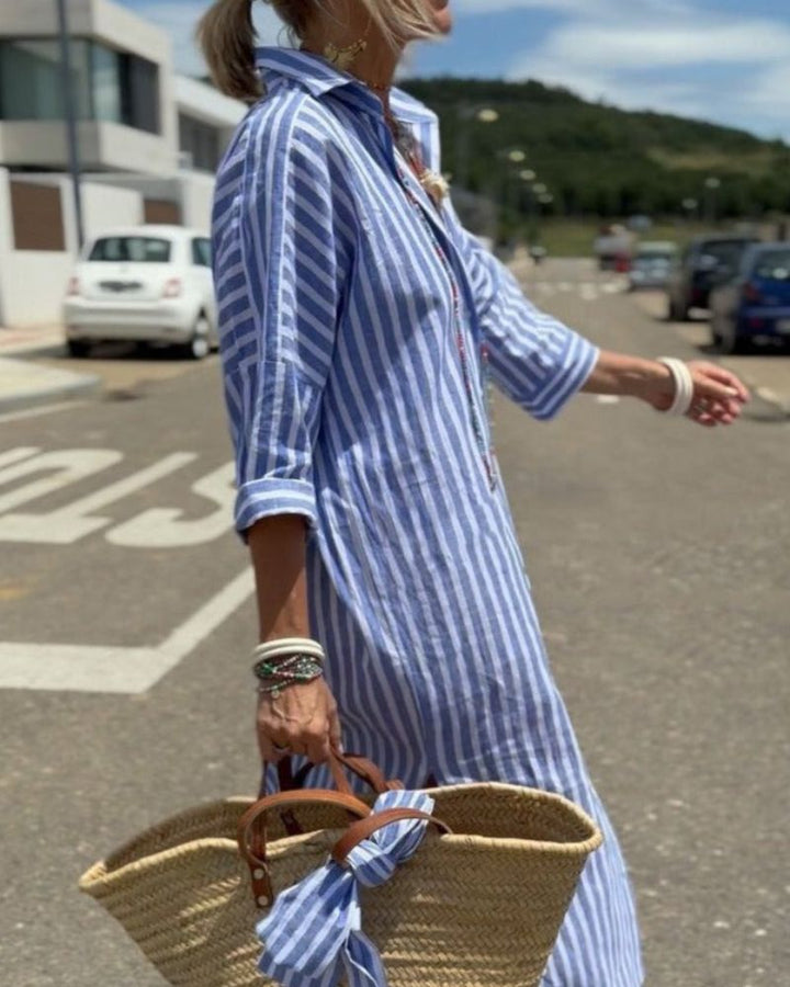 Women's Dress | Long Sleeve Button Shirt Stripe Midi