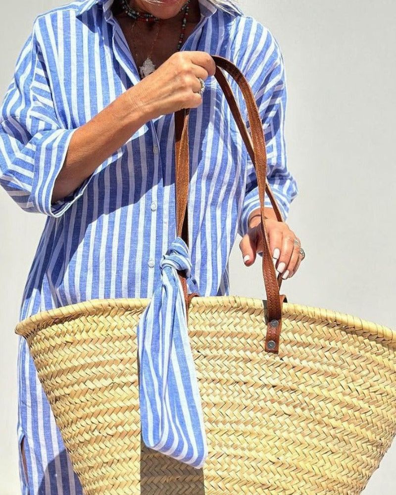 Women's Dress | Long Sleeve Button Shirt Stripe Midi