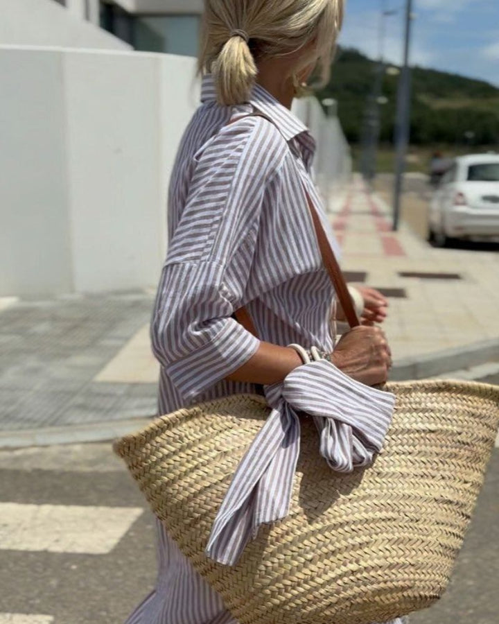 Women's Dress | Long Sleeve Button Shirt Stripe Midi