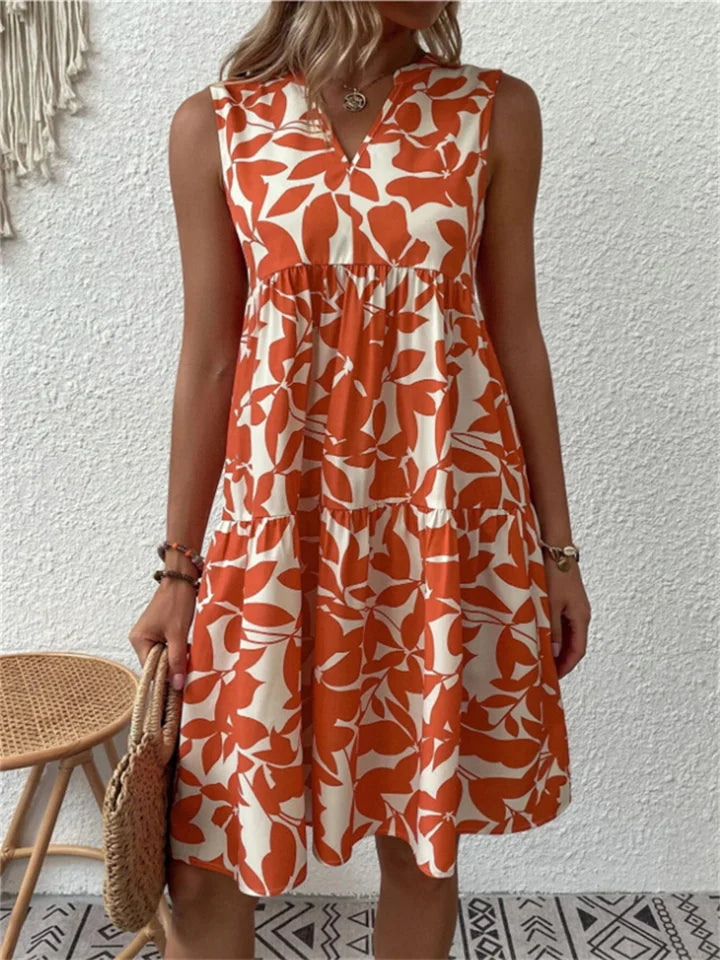 Women's Dress | V-Neck Leaf Print Sleeveless Mini