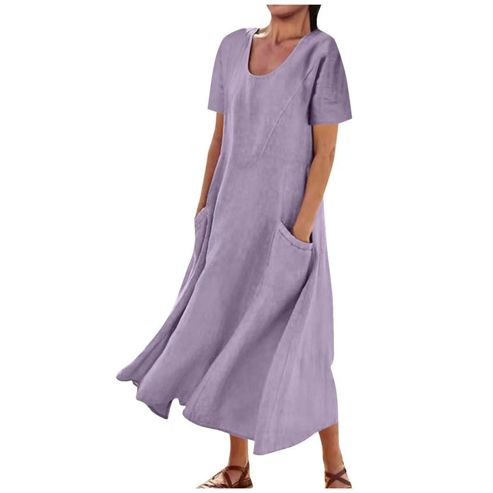 Women's Solid Color V-Neck Linen Pocket Dress