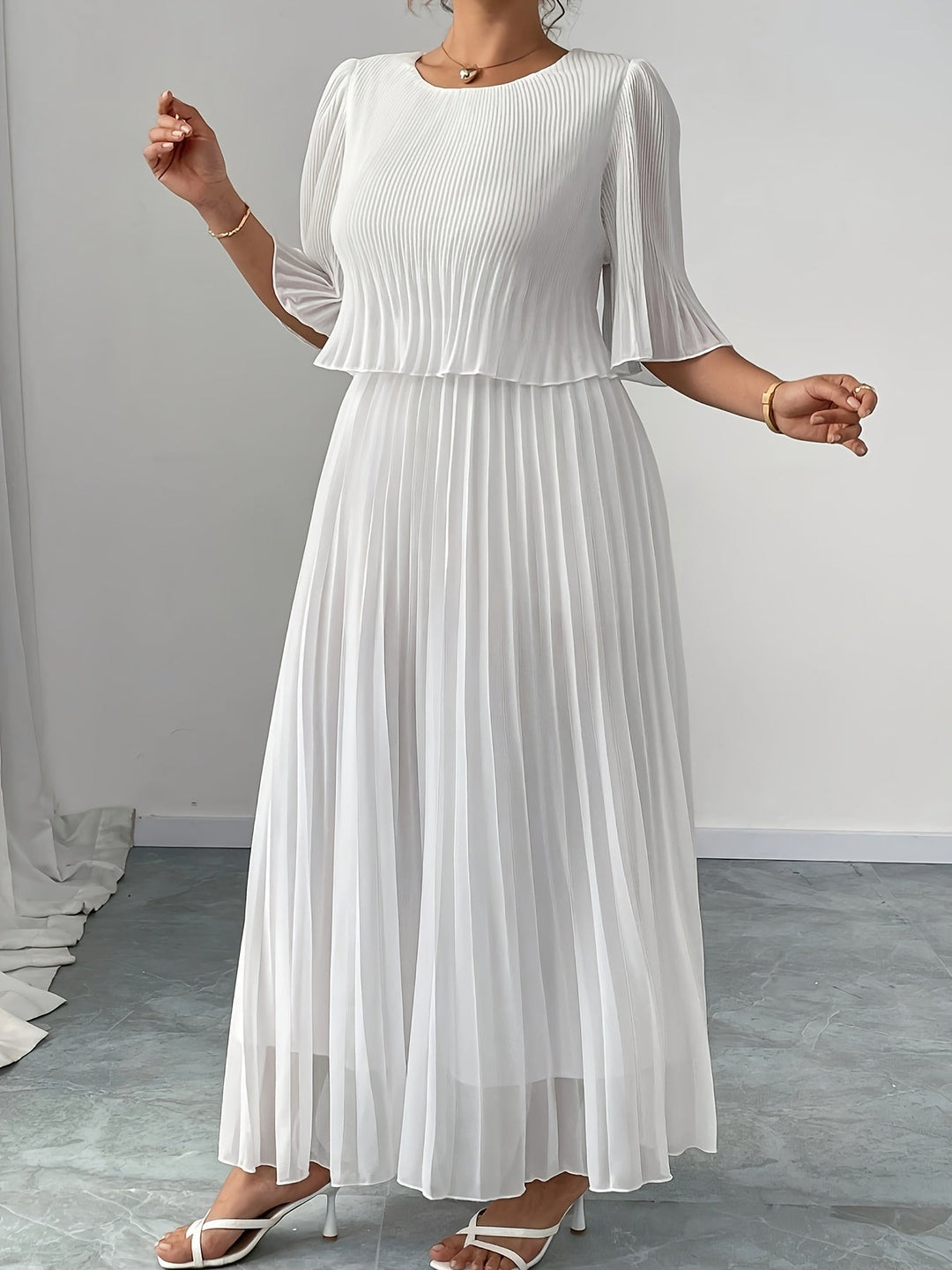 Claire - White Chiffon A-Line Pleated Dress