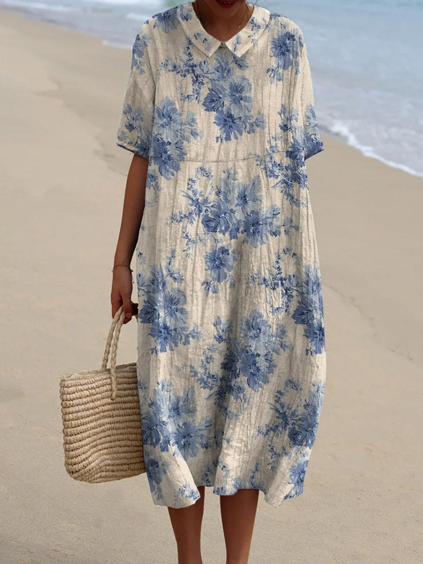 Women's Solid Color V-Neck Linen Pocket Dress