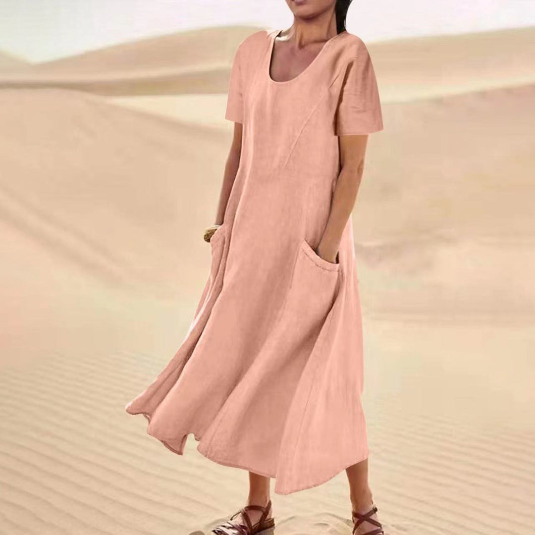 Women's Solid Color V-Neck Linen Pocket Dress