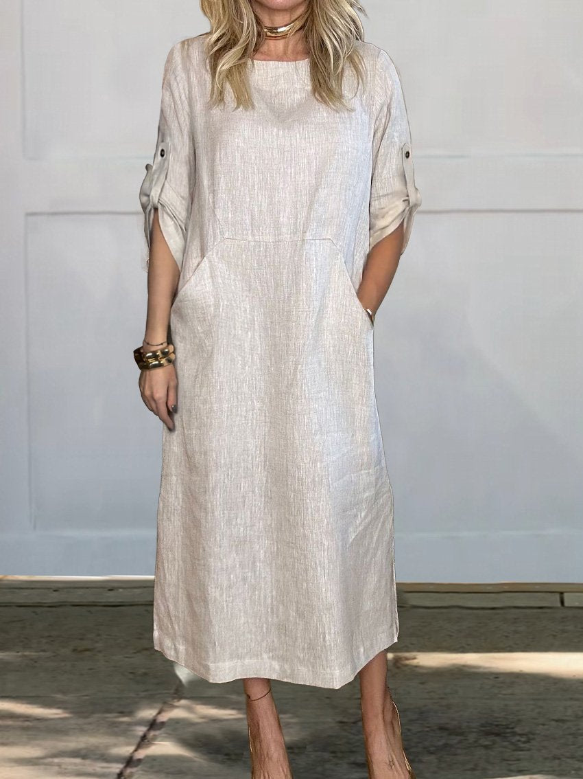 Women's Solid Color V-Neck Linen Pocket Dress