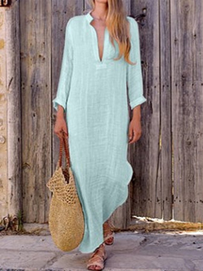 Women's Solid Color V-Neck Linen Pocket Dress
