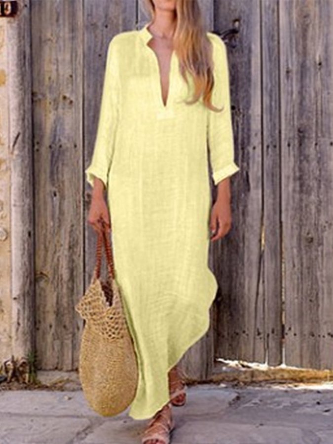 Women's Solid Color V-Neck Linen Pocket Dress