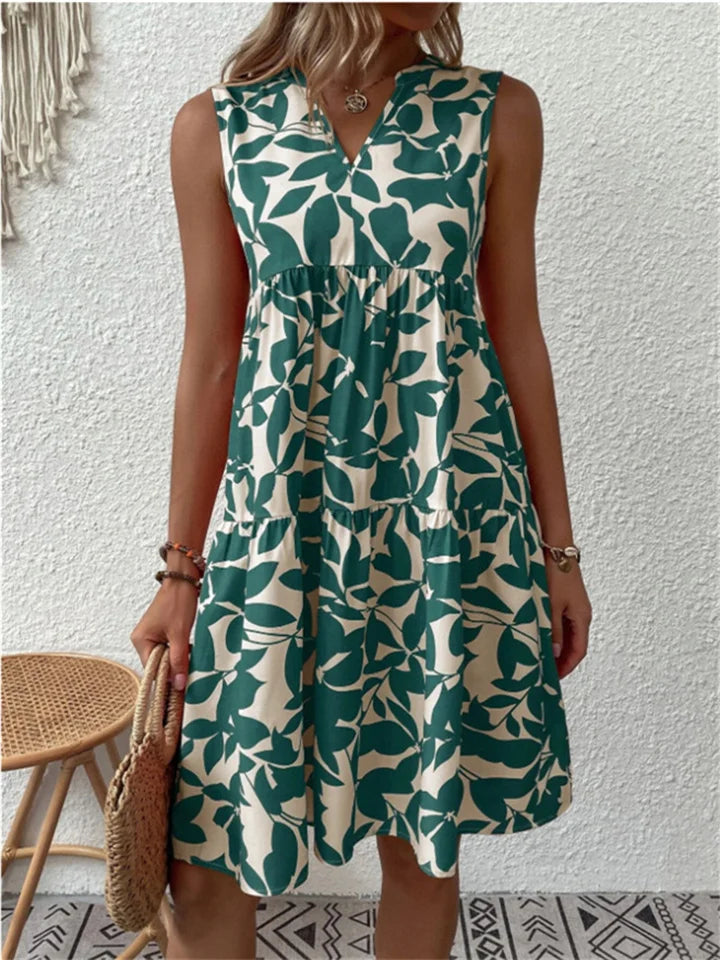 Women's Dress | V-Neck Leaf Print Sleeveless Mini