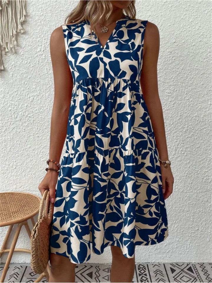 Women's Dress | V-Neck Leaf Print Sleeveless Mini