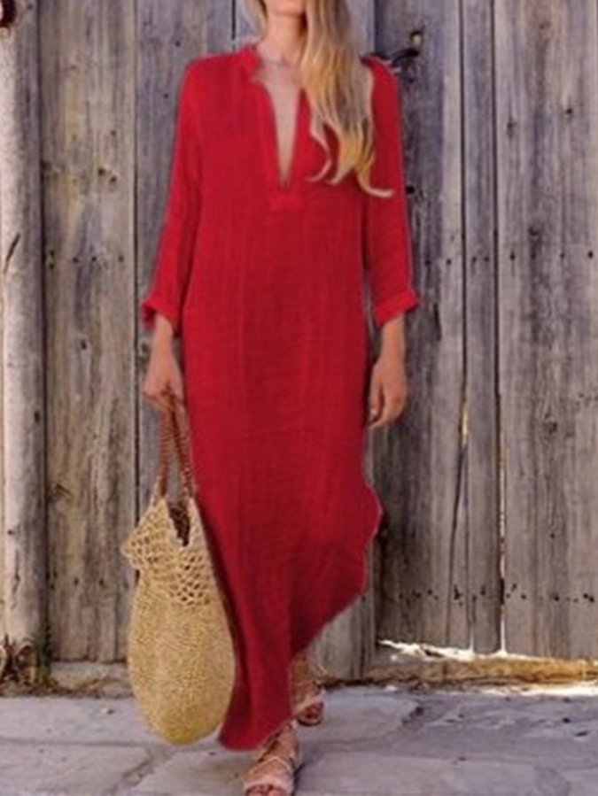 Women's Solid Color V-Neck Linen Pocket Dress