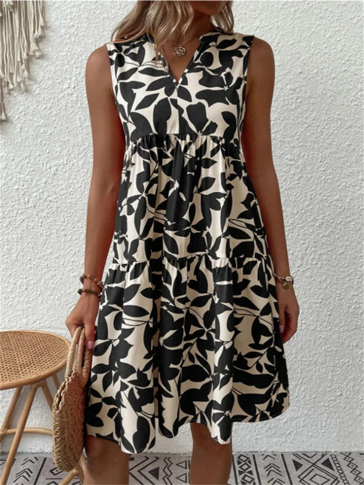 Women's Dress | V-Neck Leaf Print Sleeveless Mini