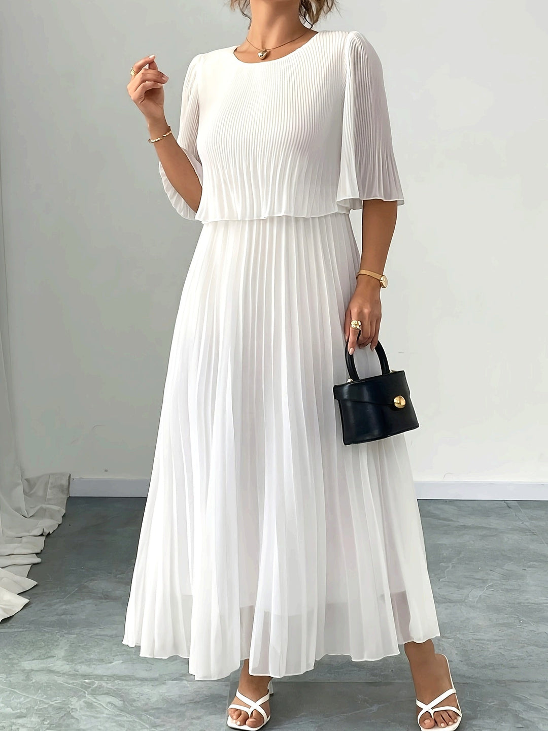 Claire - White Chiffon A-Line Pleated Dress