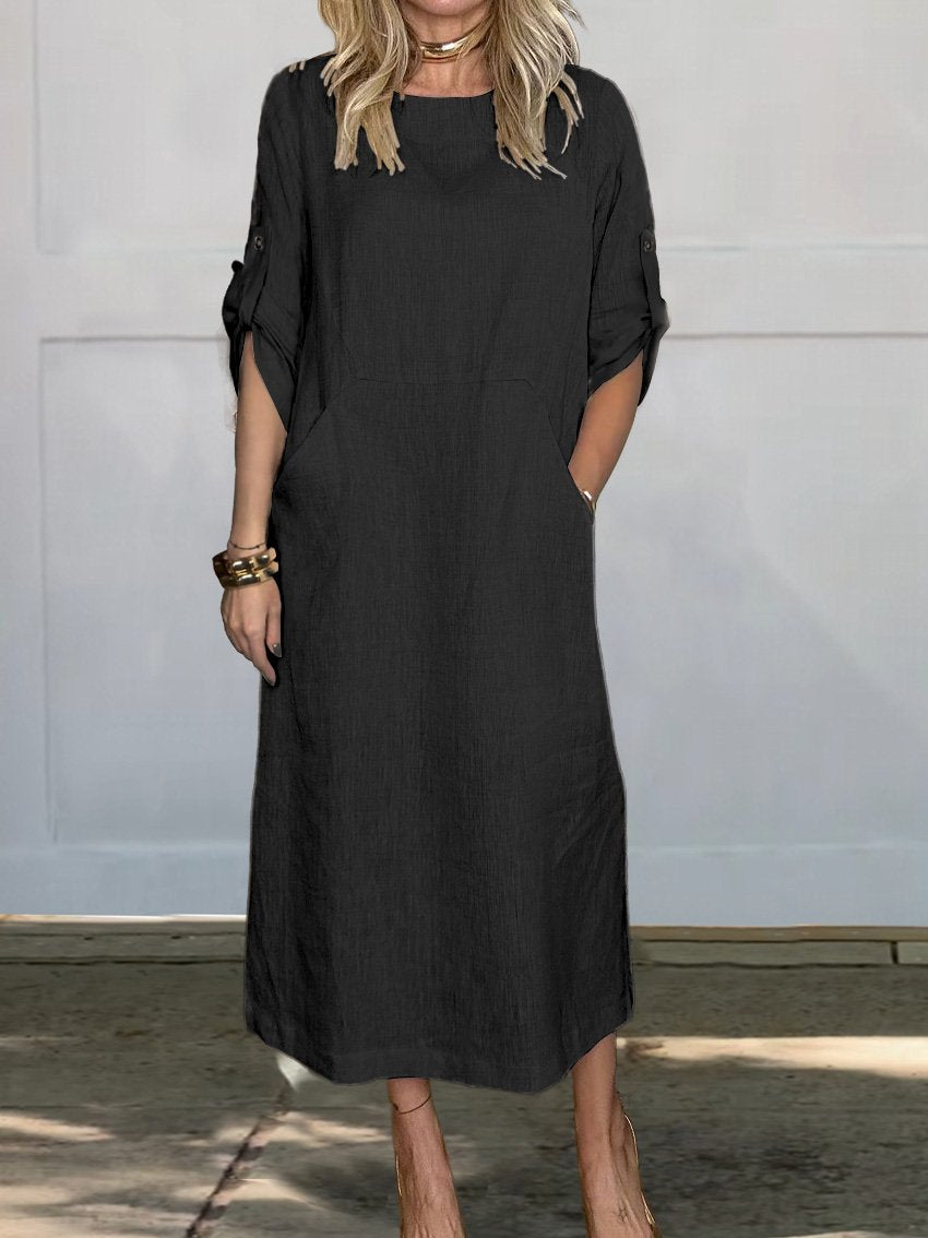 Women's Solid Color V-Neck Linen Pocket Dress