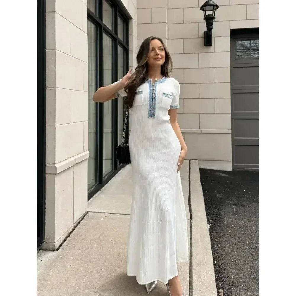 White Ribbed Knit Maxi Dress – Short Sleeve Elegant Summer Dress for Women