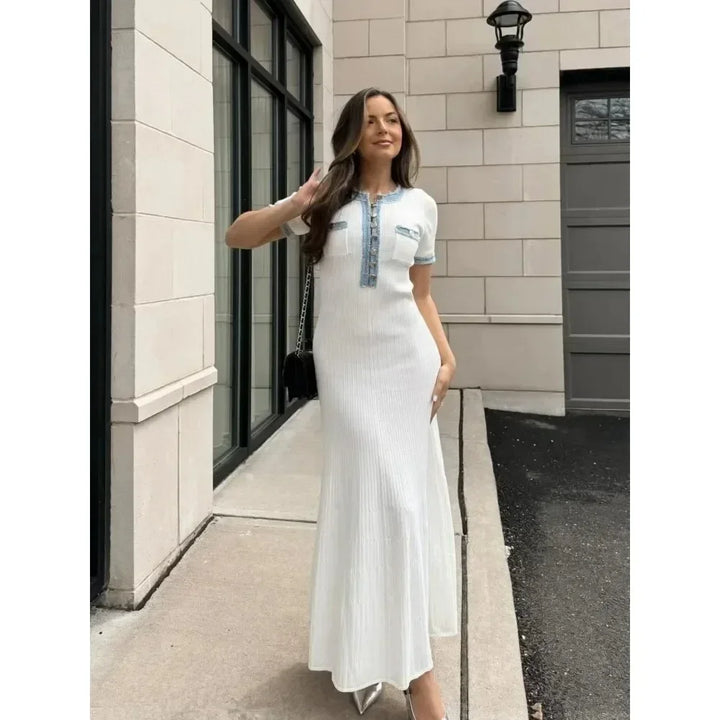White Ribbed Knit Maxi Dress – Short Sleeve Elegant Summer Dress for Women