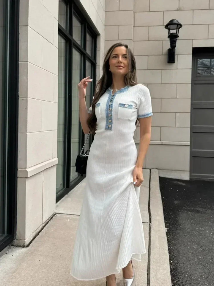 White Ribbed Knit Maxi Dress – Short Sleeve Elegant Summer Dress for Women