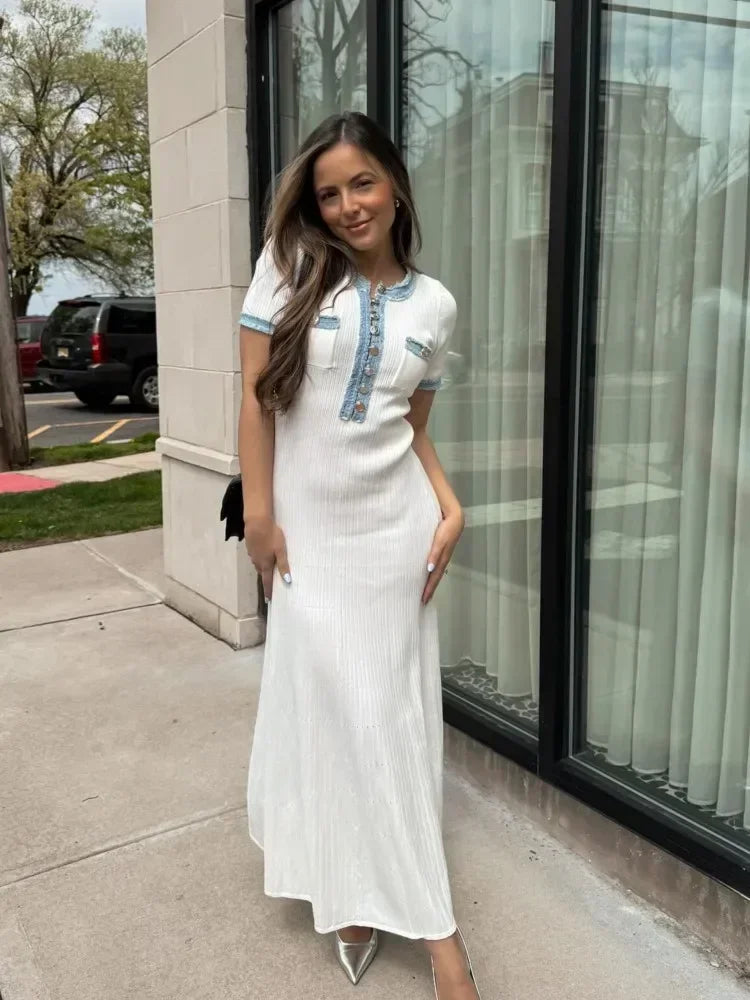 White Ribbed Knit Maxi Dress – Short Sleeve Elegant Summer Dress for Women