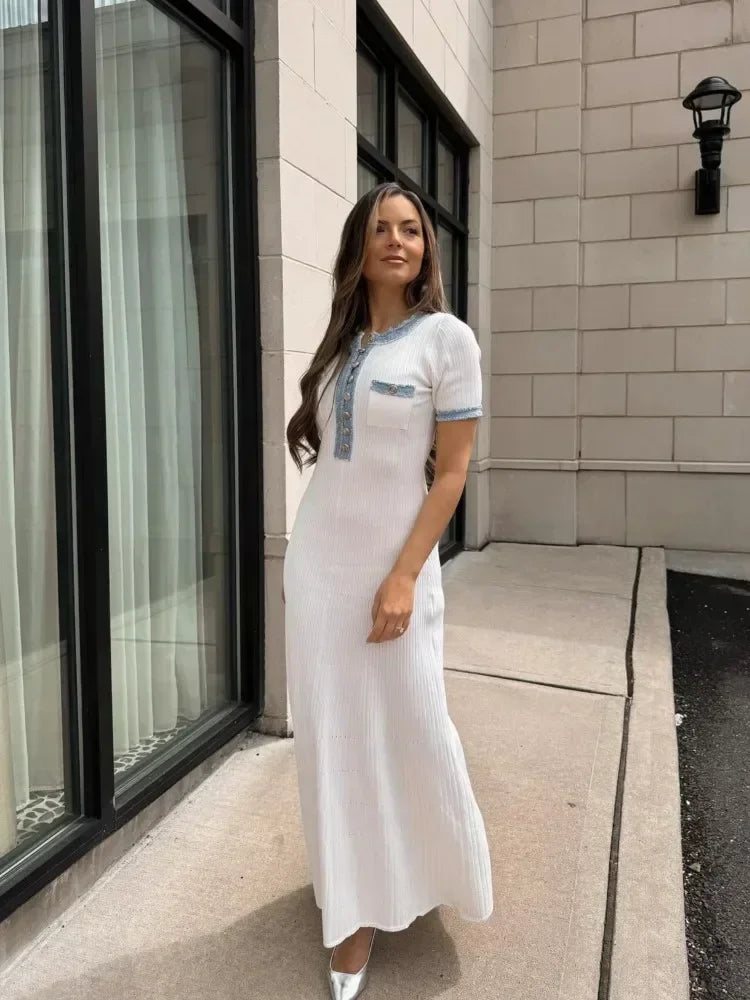 White Ribbed Knit Maxi Dress – Short Sleeve Elegant Summer Dress for Women