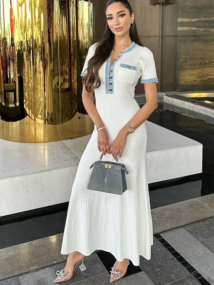 White Ribbed Knit Maxi Dress – Short Sleeve Elegant Summer Dress for Women