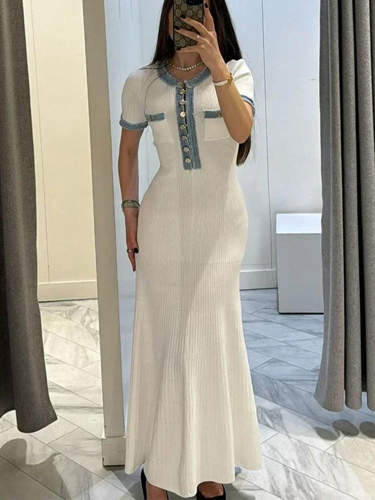 White Ribbed Knit Maxi Dress – Short Sleeve Elegant Summer Dress for Women