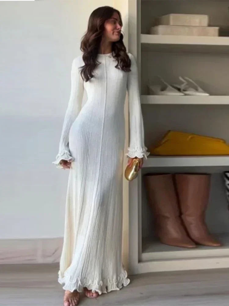 White Ribbed Knit Maxi Dress – Short Sleeve Elegant Summer Dress for Women