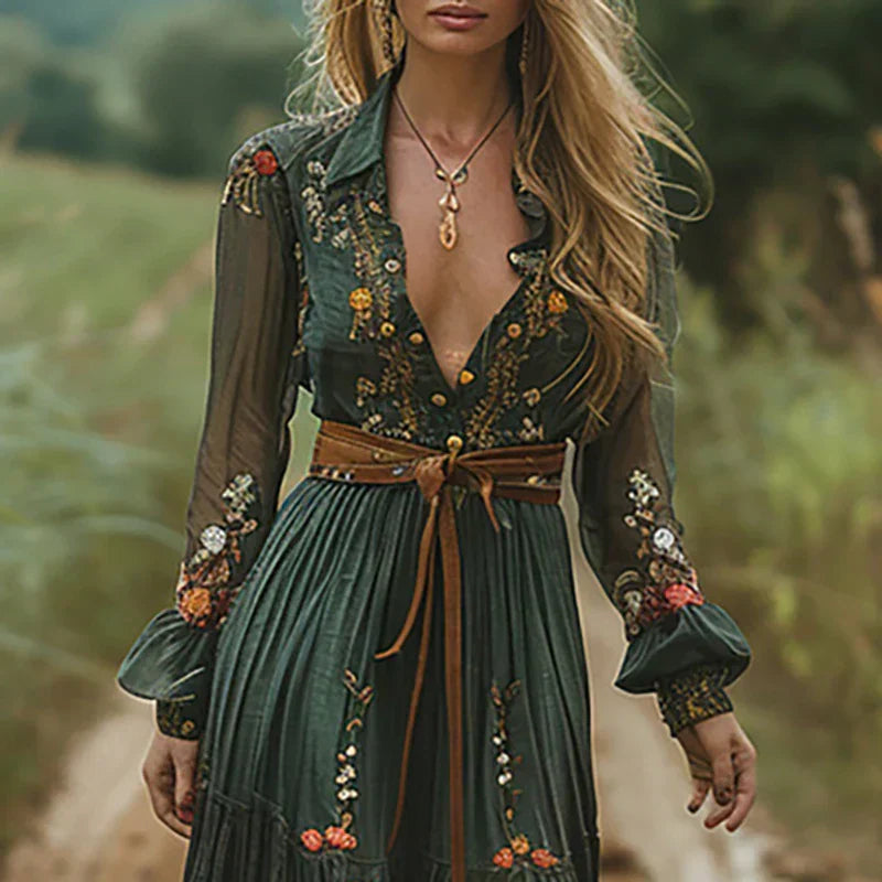 Women's Bohemian Dress | Belted Waist V Neckline