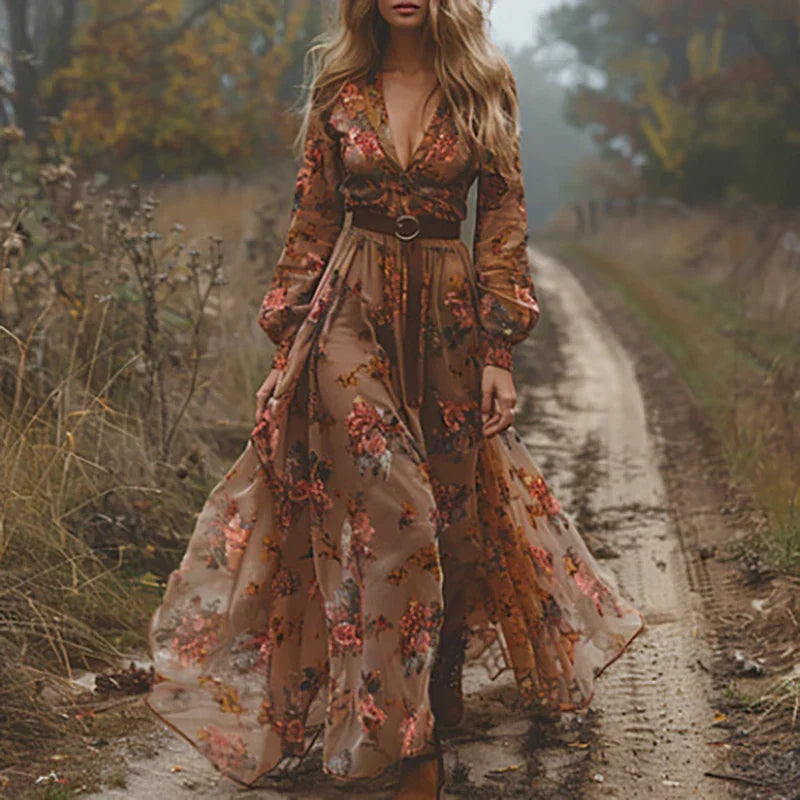 Women's Bohemian Dress | Belted Waist V Neckline
