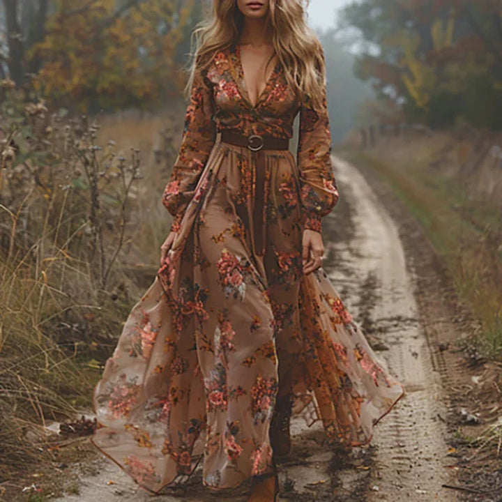 Women's Bohemian Dress | Belted Waist V Neckline