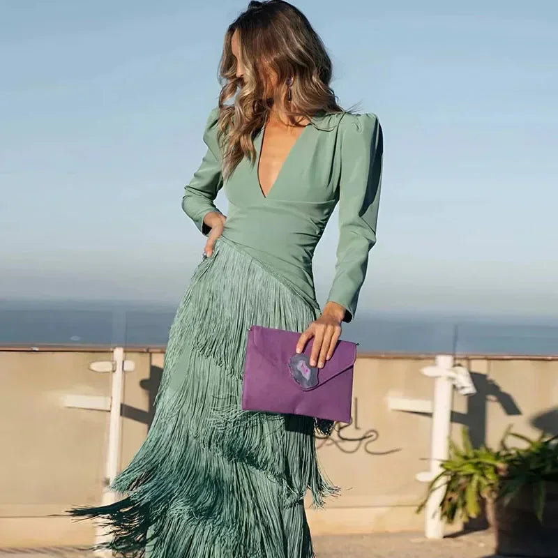 Fringe Detail Maxi Dress – Elegant Statement Occasion Dress for Women